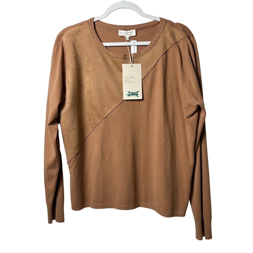 La Vila Milano Knit Sweater Womens XL Brown Faux Suede Panel Long Sleeve NWT